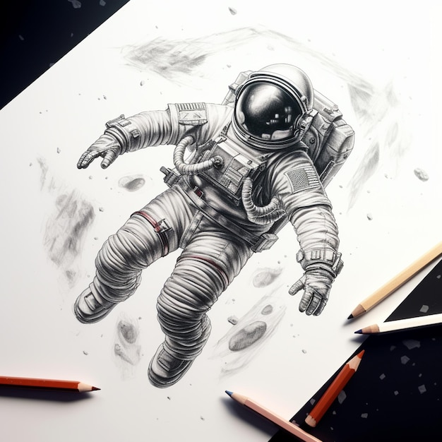 Foto desenho de um astronauta em traje espacial com um lápis generativo ai