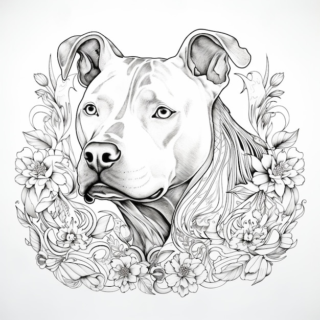 desenho de um cachorro com flores e folhas ao redor ai generativa