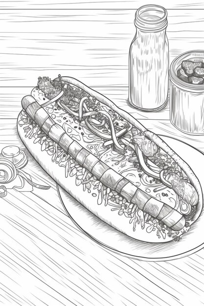 desenho de um cachorro-quente com coberturas em um prato ao lado de um frasco de refrigerante generativo ai