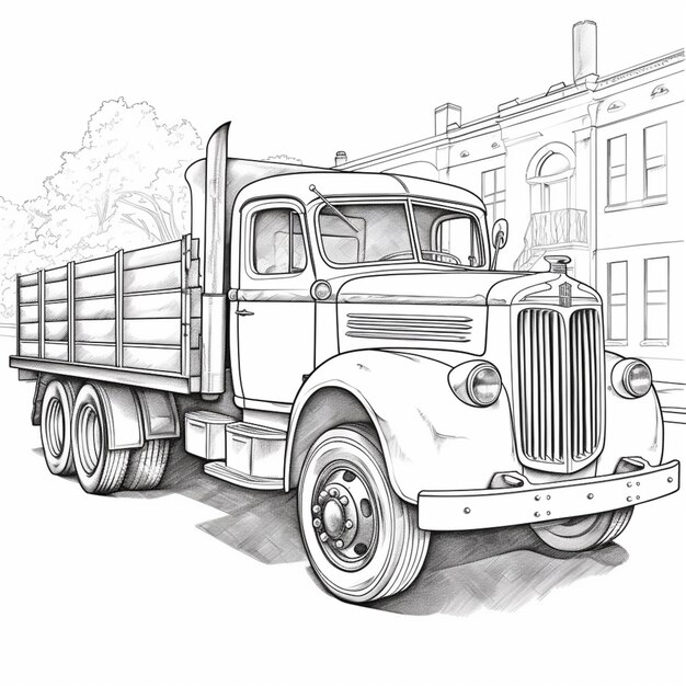 Foto desenho de um caminhão com uma cama plana estacionado na frente de um edifício generativo ai