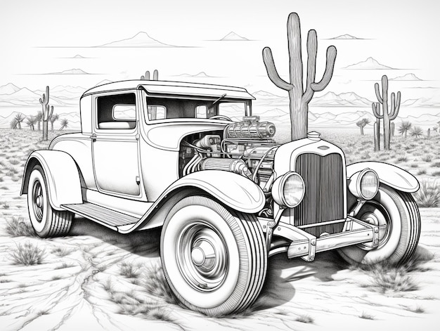 desenho de um carro vintage no deserto com um cacto no fundo generativo ai