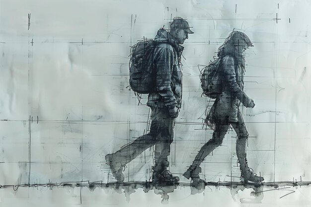 Desenho de um casal caminhando continuamente