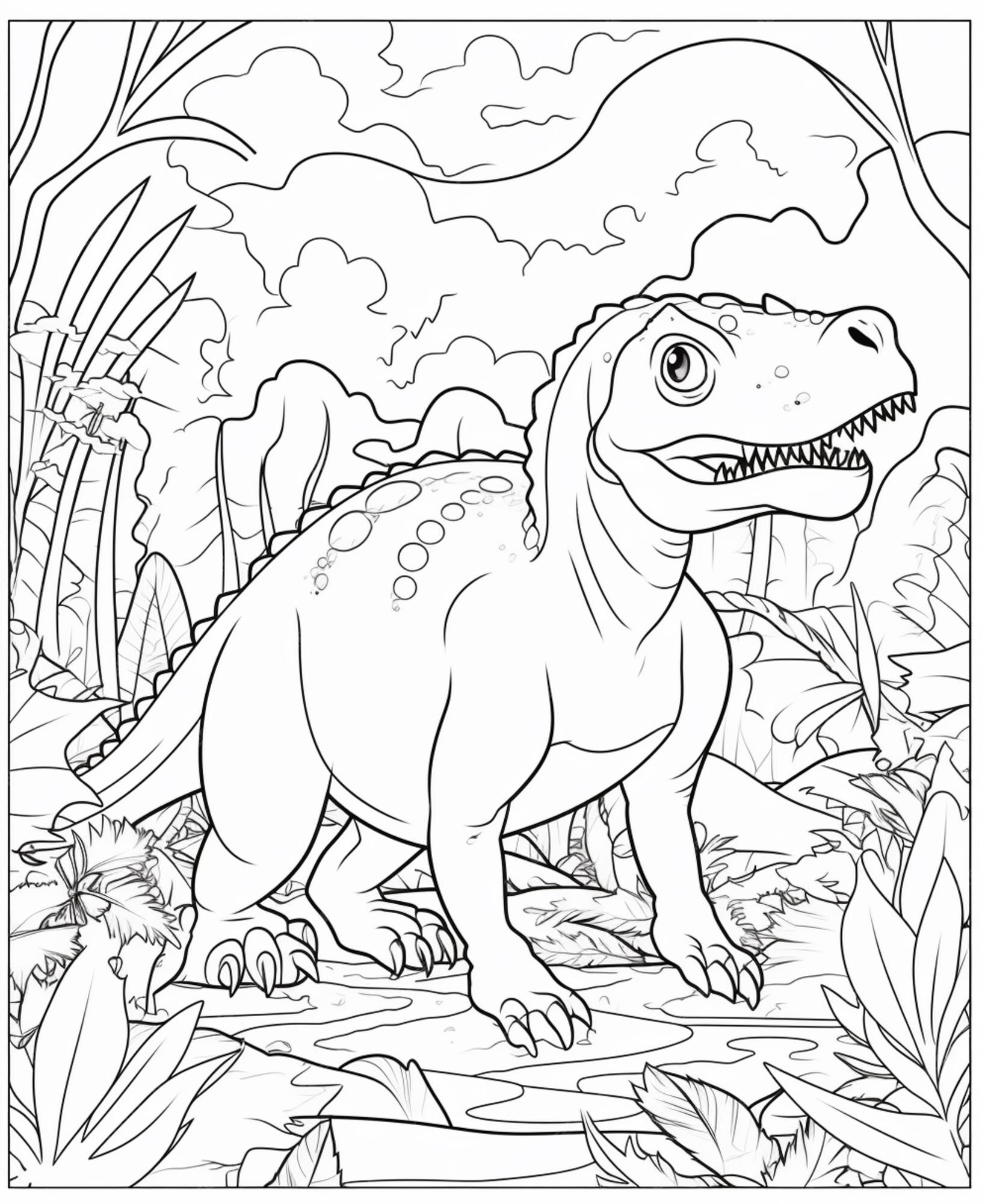 desenho de colorir para crianças, dinossauro em uma selva, de fr