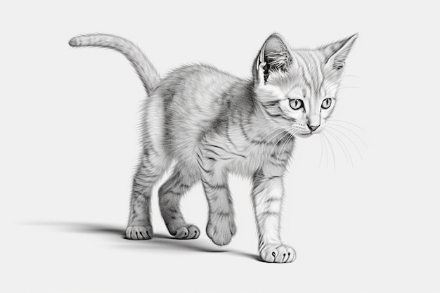 Foto desenho de um gatinho andando sobre uma superfície branca generativa ai