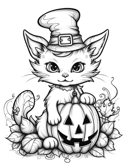 Desenho de um gato fofo de Halloween para colorir usando um chapéu de bruxa