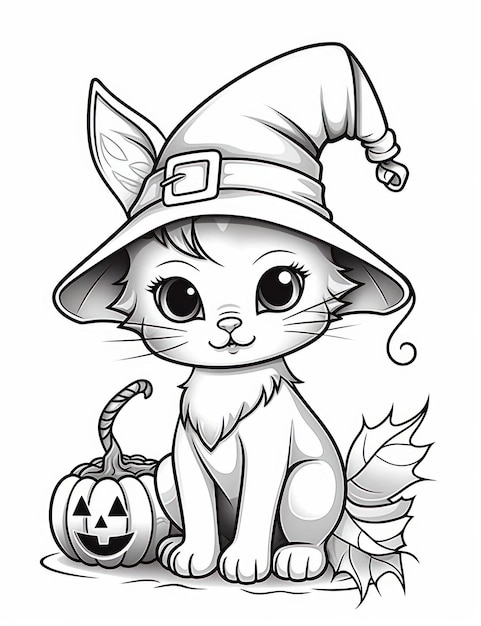 Desenho de um gato fofo de Halloween para colorir usando um chapéu de bruxa