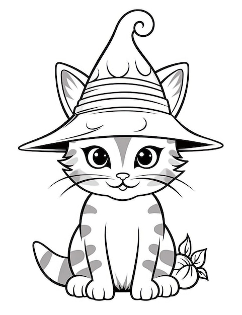 Desenho de um gato fofo de Halloween para colorir usando um chapéu de bruxa