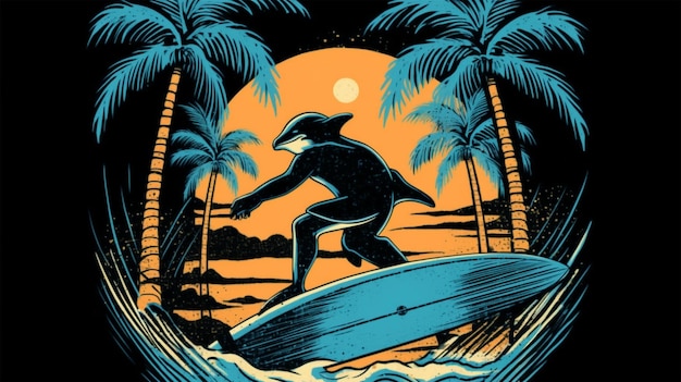 Desenho de um golfinho surfando à noite gerado por IA