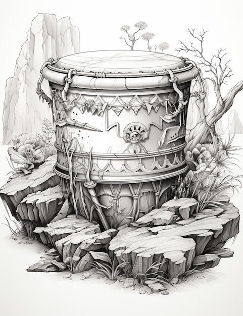 desenho de um grande tambor com uma caveira sentado em uma pedra generativa ai