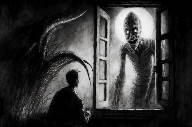 Desenho de um homem olhando para uma criatura assustadora através da porta aberta IA generativa
