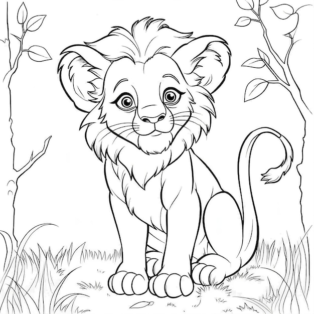 Desenho de um leão fofo com cauda no fundo branco Página para colorir de animais para crianças