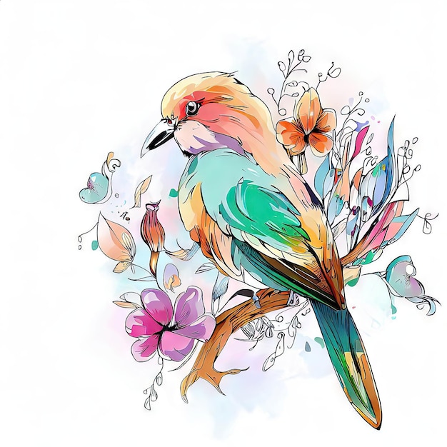 Desenho de um pássaro com flores e borboletas