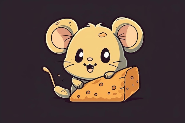 Desenho de um rato simpático e adorável com um pedaço de queijo Generative AI