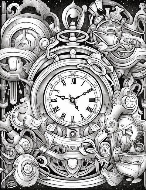 desenho de um relógio com muitos objetos ao seu redor