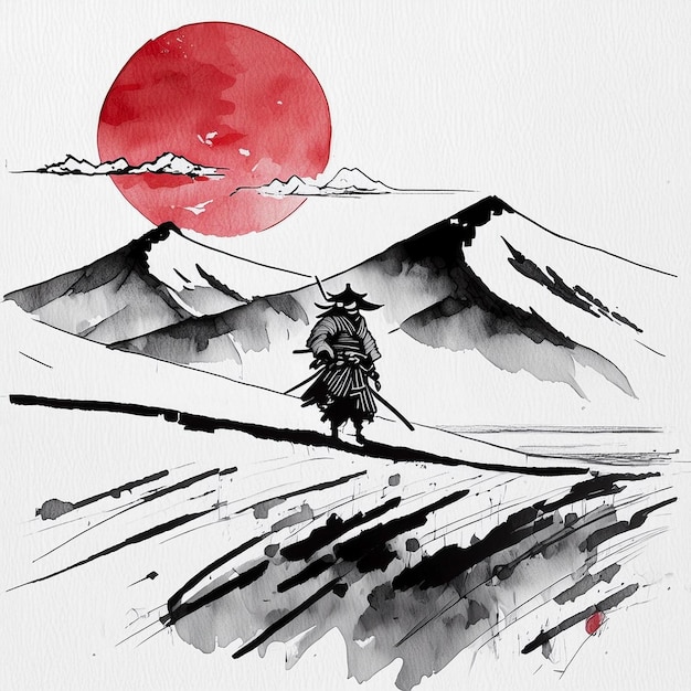 Desenho de um samurai caminhando na neve com um sol vermelho ao fundo