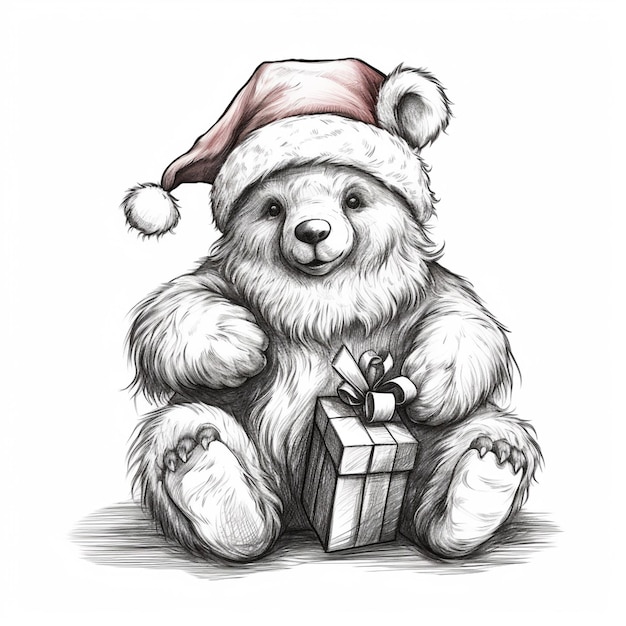 desenho de um ursinho de pelúcia com um presente de Natal