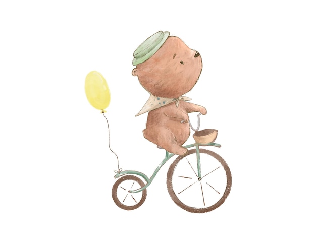 Desenho de um urso em uma bicicleta, ilustração para o design de livros infantis ou infantis