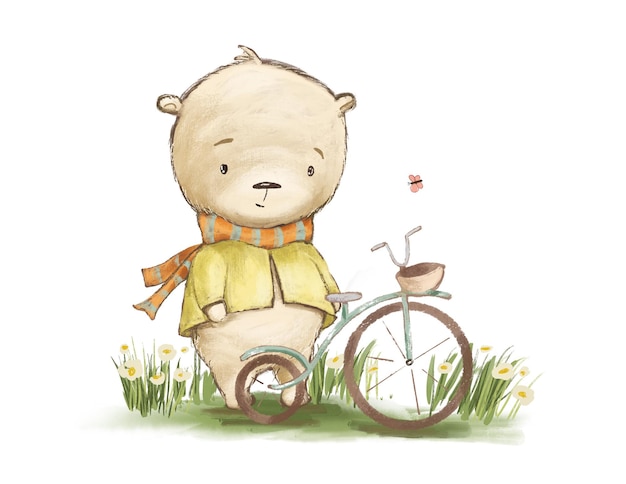 Desenho de um urso em uma bicicleta, ilustração para o design de livros infantis ou infantis