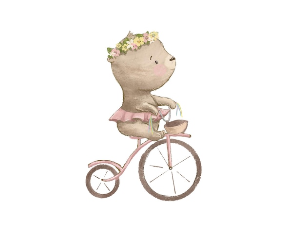 Desenho de um urso em uma bicicleta, ilustração para o design de livros infantis ou infantis