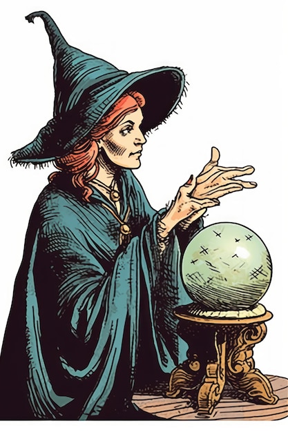 Desenho de uma bruxa olhando para sua bola mágica