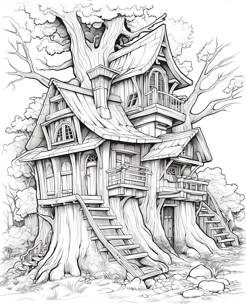 Desenho de uma casa na floresta Páginas para colorir