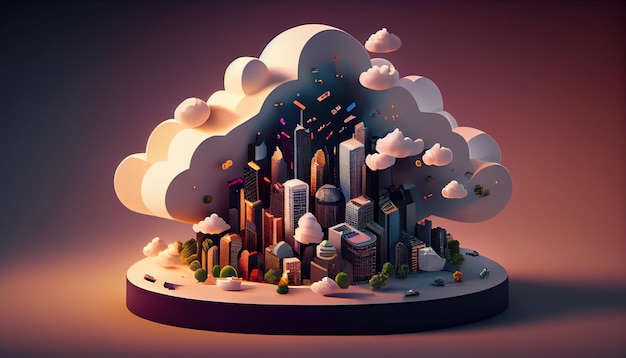 Desenho de uma cidade com uma nuvem no meio