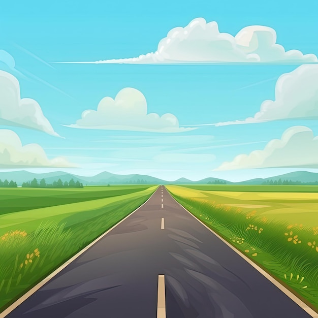 Desenho de uma estrada com um campo e nuvens ao fundo.