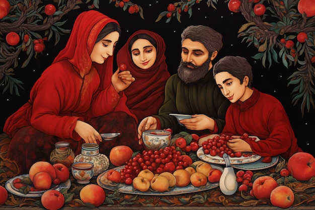 Desenho de uma família sentada e comendo celebrando a noite de Yalda