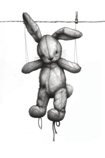 Desenho de uma lebre pendurada em uma corda em um fundo branco Ilustração