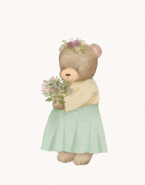 Desenho de uma linda garota de urso em um vestido vintage com um buquê de flores em um fundo branco