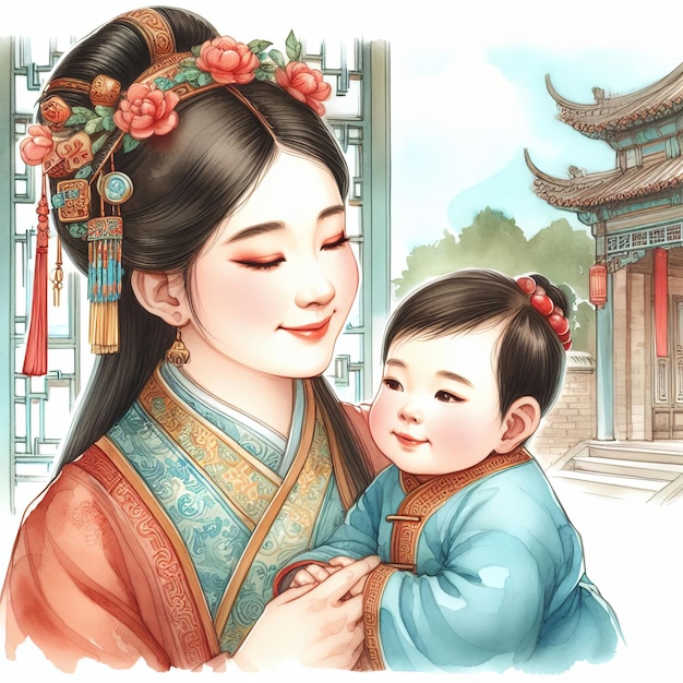 Desenho de uma mãe e filho em estilo chinês Vestuário tradicional e jóias