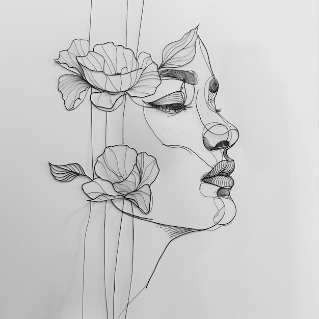 desenho de uma mulher com flores no rosto generativo ai