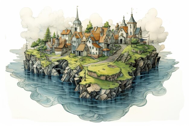 desenho de uma pequena cidade no topo de uma pequena ilha com