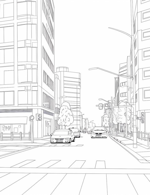 Foto desenho de uma rua da cidade com carros e edifícios em ambos os lados.