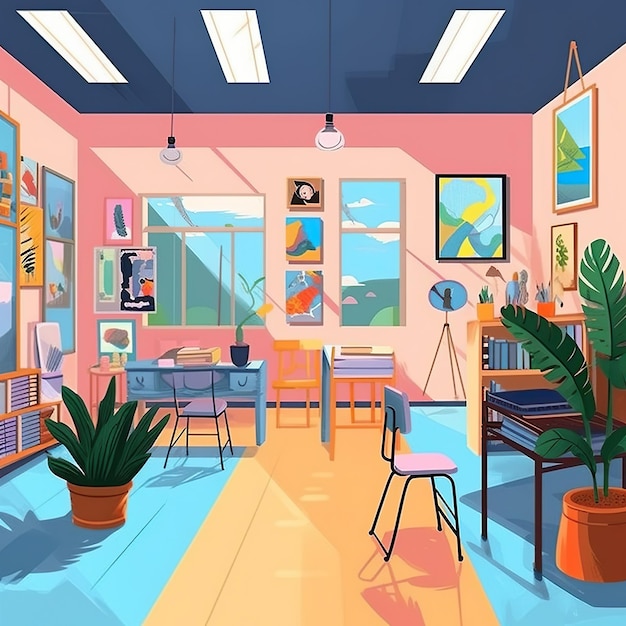 Desenho de uma sala com piso azul e parede rosa com a imagem de uma planta