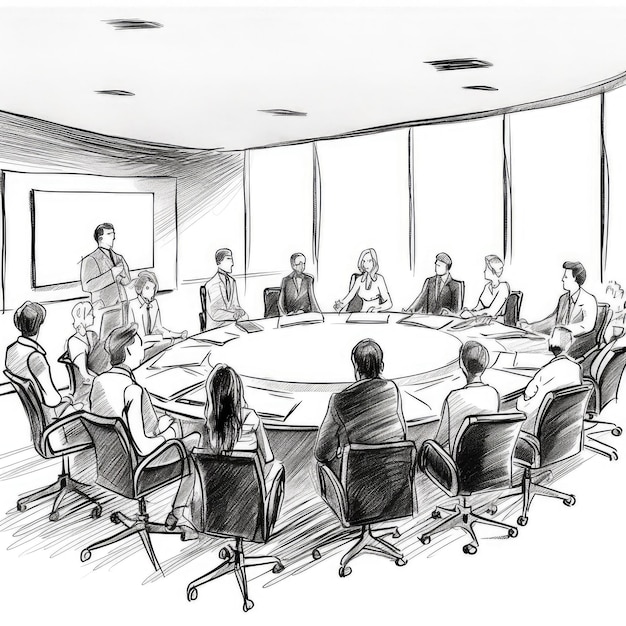 Desenho de uma sala de reuniões com pessoas sentadas em torno de uma grande mesa redonda.