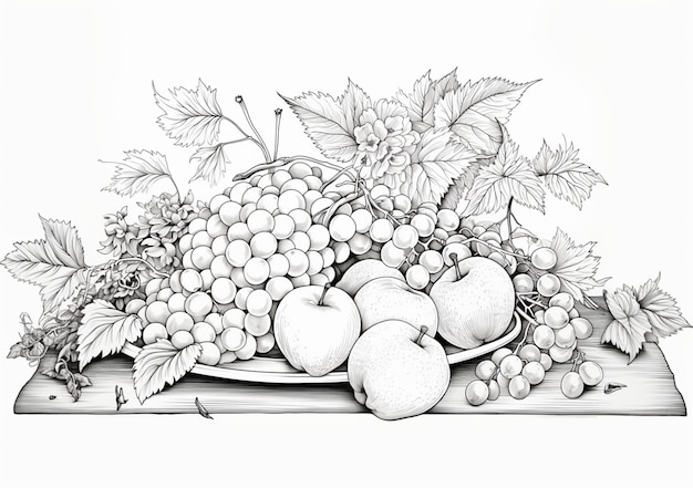 desenho de uma tigela de frutas em uma tábua de madeira com folhas ai generativas