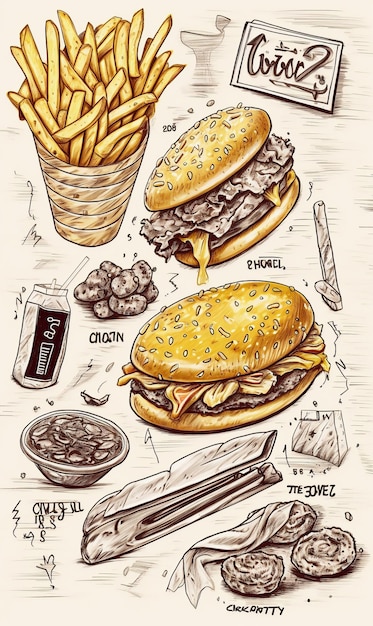 Desenho de vários tipos de desenho a lápis de fast food AI gerado AI generative AI generativ