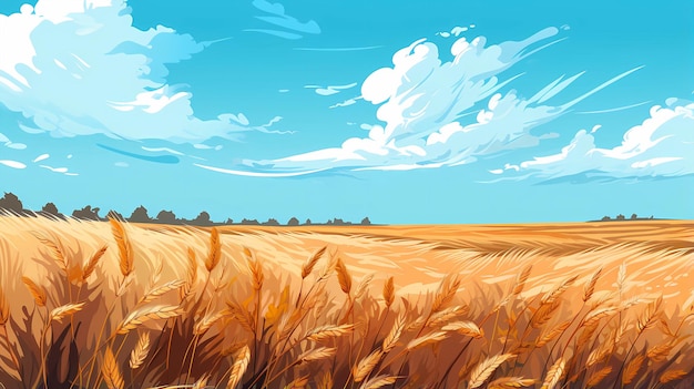 Desenho desenhado à mão, bela ilustração do cenário do campo de trigo de outono