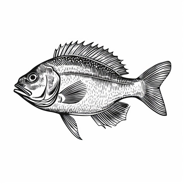 Desenho detalhado de peixe preto e branco em estilo de ilustração linear