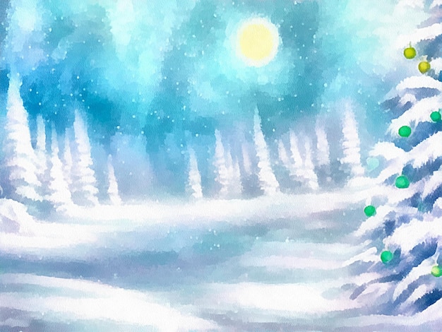 Desenho digital de fundo de natureza de natal com neve e árvores de natal pintando em estilo de papel