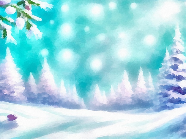 Desenho digital de fundo de natureza de natal com neve e árvores de natal pintando em estilo de papel