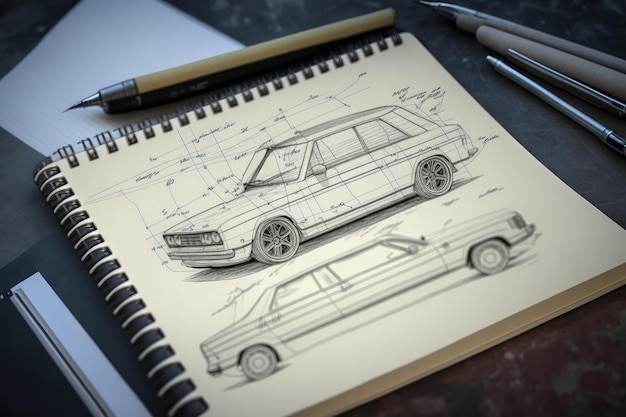 Foto desenho do carro a lápis na página do caderno com anotações e cálculos criados com ia generativa