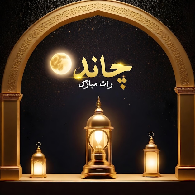 Desenho elegante de cartão de saudação com lua crescente Festival islâmico famoso Chand Raat Eid Mubarak