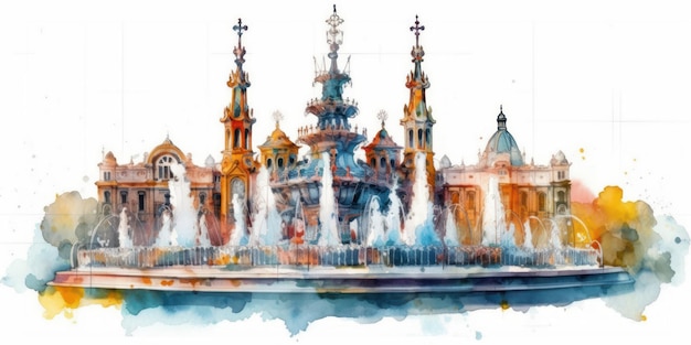 Desenho em aquarela da fonte de Barcelona