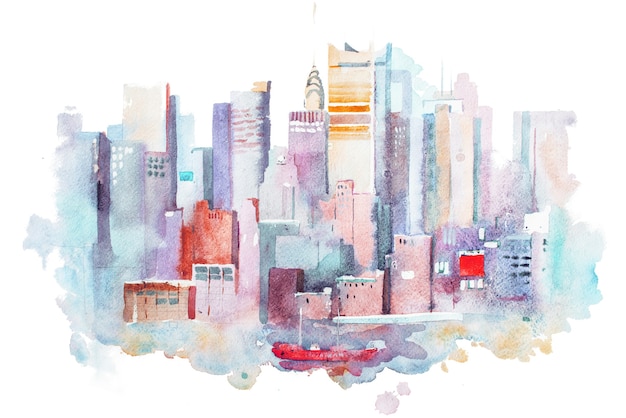 Desenho em aquarela da paisagem urbana de Nova York, EUA. Pintura de aquarelas de Manhattan.