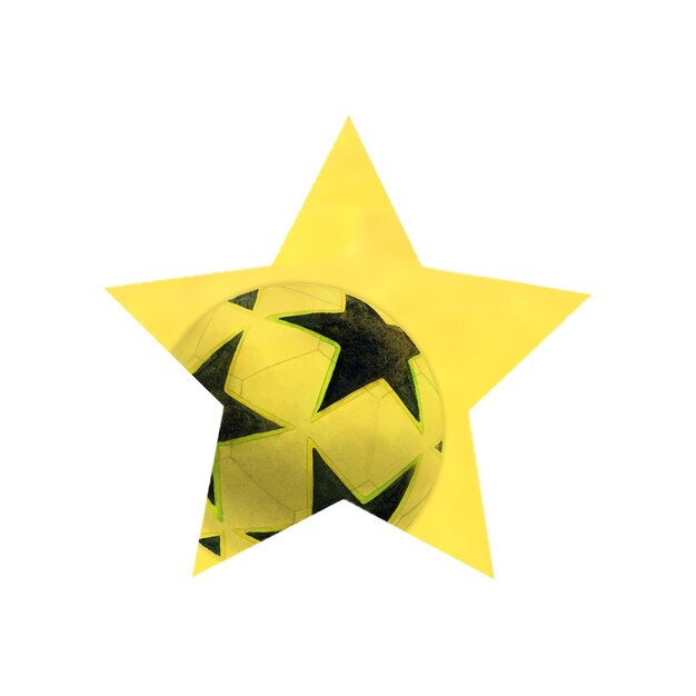 Foto desenho em aquarela de bola de futebol preto e branco com padrão de estrela dentro de estrela amarela