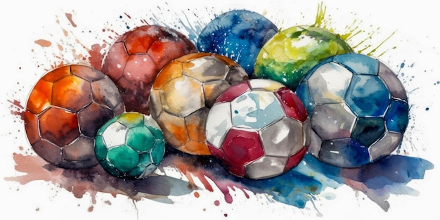 Foto desenho em aquarela de bolas de futebol