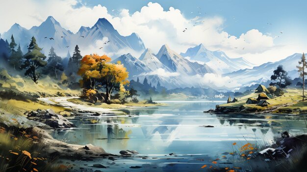 Desenho em aquarela de paisagem de montanhas e mar