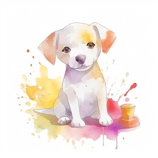 Desenho em aquarela de um cachorrinho com um carretel de linha.
